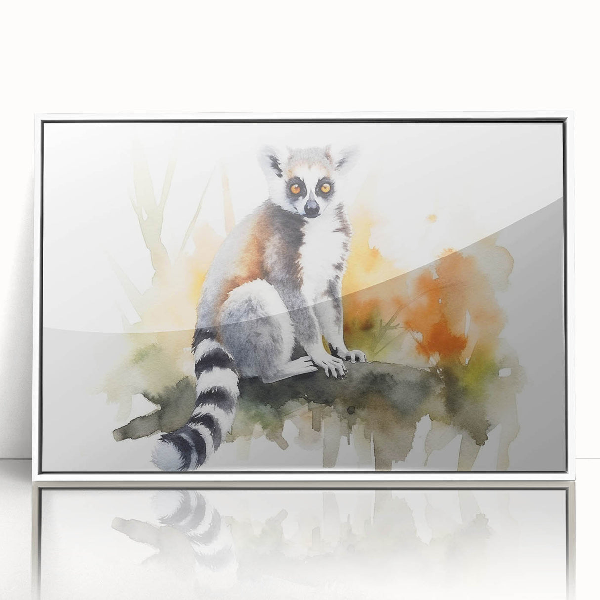 Framed acrylic wall art featuring a colorful lemur design, showcasing vibrant hues of blue, yellow, and orange, perfect for animal lovers and modern decor.