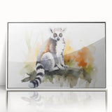 Framed acrylic wall art featuring a colorful lemur design, showcasing vibrant hues of blue, yellow, and orange, perfect for animal lovers and modern decor.