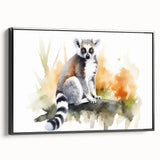 Framed canvas wall art featuring a vibrant lemur design in a black frame, showcasing intricate details and bold colors, perfect for animal lovers and home decor enthusiasts.