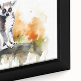 Close-up of a framed canvas wall art featuring a vibrant lemur design, showcasing intricate details and rich colors, ideal for animal lovers and home decor enthusiasts.
