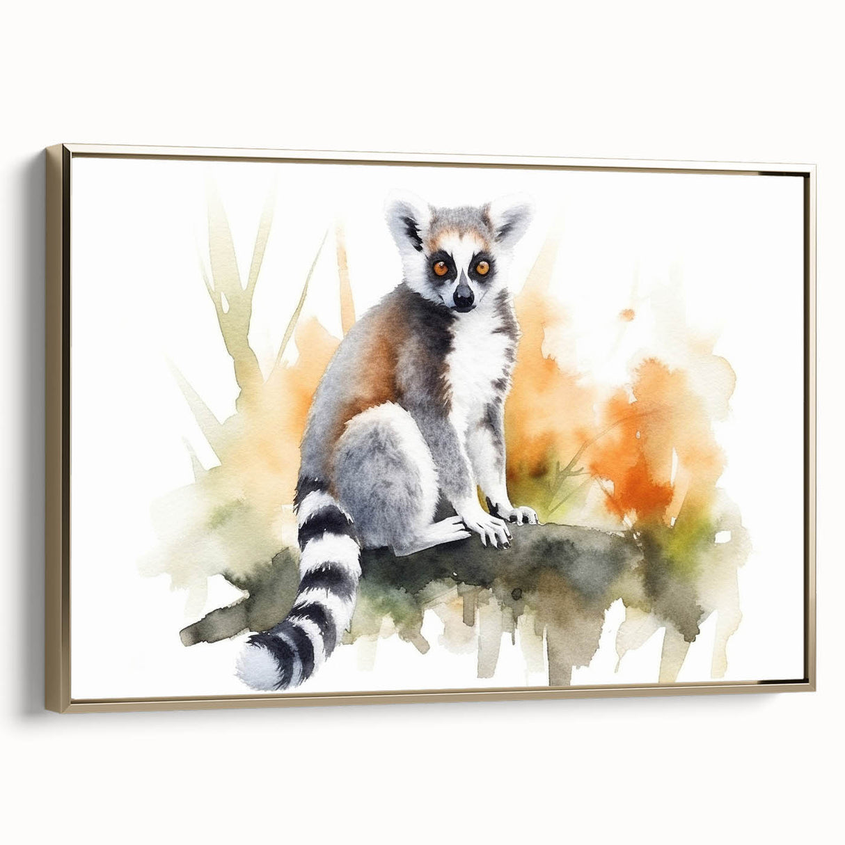 Framed wall art featuring a colorful lemur design on canvas, set against a gold background, showcasing vibrant wildlife aesthetics for home decor. The piece adds a playful touch to any interior with its lively colors and detailed illustration.