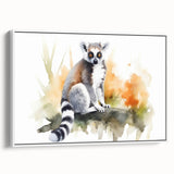 Framed canvas wall art featuring a vibrant design of a lemur, showcasing intricate details and a white frame, perfect for animal lovers and home decor enthusiasts.