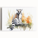 Colorful stretched canvas art depicting a lively lemur design, showcasing vibrant hues of green and orange, ideal for animal lovers and home decor enthusiasts. This unique wall art adds a playful touch to any space, perfect for children's rooms or wildlife-themed interiors.