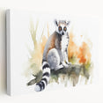 Side view of a vibrant stretched canvas depicting a whimsical lemur design, perfect for animal lovers, featuring bold colors and playful details suitable for home decor.