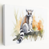 Side view of a vibrant stretched canvas depicting a whimsical lemur design, perfect for animal lovers, featuring bold colors and playful details suitable for home decor.