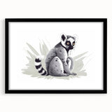 Front view of a framed wall art collection featuring a vibrant lemur design, set against a black mat, ideal for animal lovers and home decor enthusiasts.