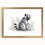 Framed wall art featuring a vibrant lemur design in gold accents, showcasing a playful lemur amidst lush greenery, perfect for animal lovers and home decor enthusiasts.