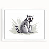 Lemur-themed wall art collection framed in white with matting, showcasing a vibrant and playful design. Ideal for animal lovers and nature-inspired decor.