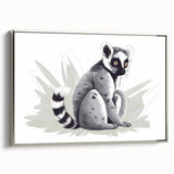 Framed wall art featuring a vibrant lemur design in a silver frame, showcasing a playful lemur surrounded by lush jungle foliage, perfect for animal lovers.