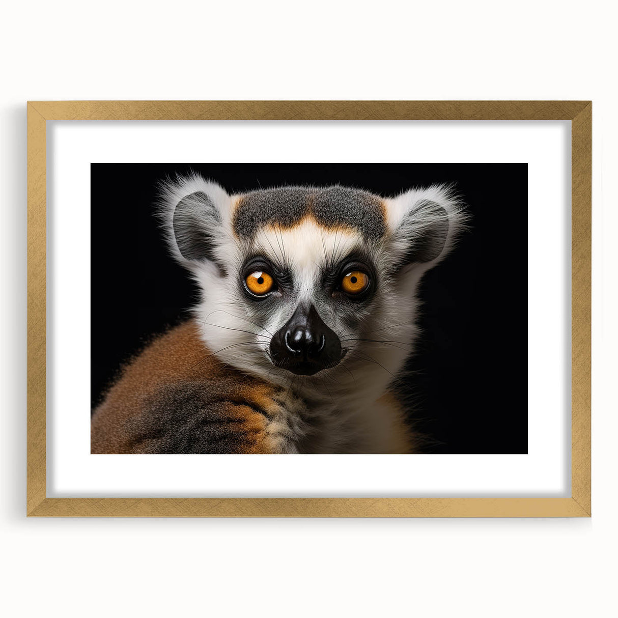 Lemur wall art collection featuring vibrant colors and detailed illustrations, framed with a gold mat for an elegant display in any setting. Perfect for animal lovers and home decor enthusiasts.