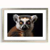 Framed wall art featuring a vibrant lemur design with a silver mat, showcasing colorful wildlife in a modern aesthetic, perfect for nature enthusiasts' decor.