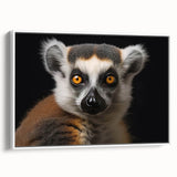 Framed canvas wall art featuring a vibrant lemur design in a white frame, showcasing colorful wildlife elements against a neutral background, ideal for animal lovers.