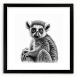 Lemur wall art design featuring a vibrant, colorful illustration of a lemur in a lush jungle setting, framed in a sleek black frame with a white mat, ideal for animal lovers and home decor enthusiasts.