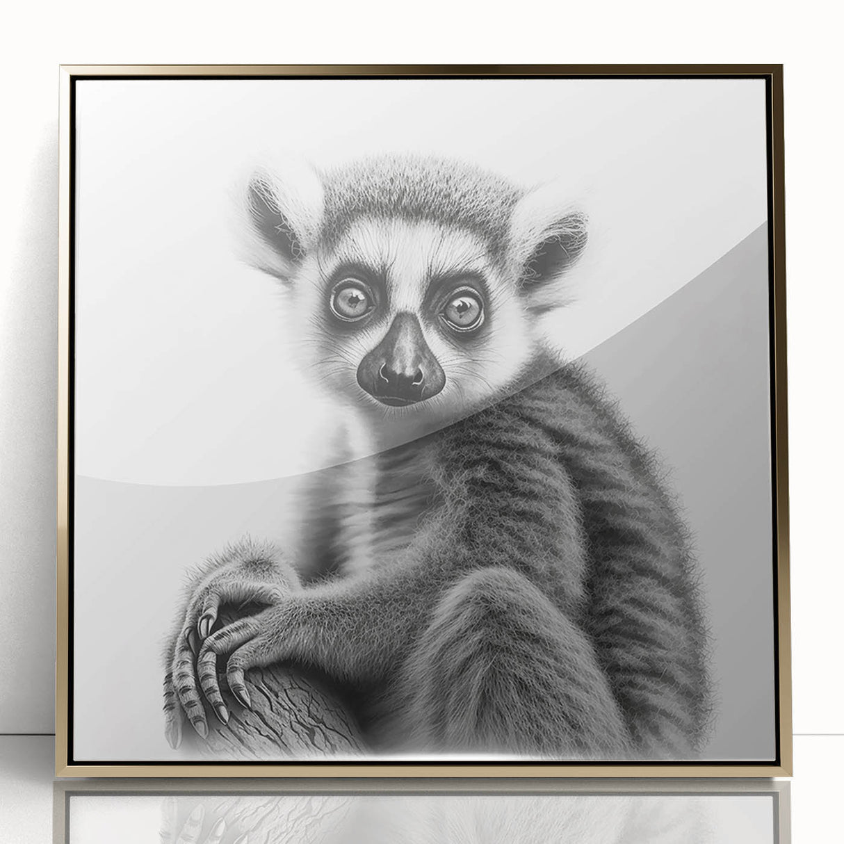 Framed wall art featuring a vibrant lemur design, set in a gold-acrylic frame. This playful artwork adds a touch of wildlife charm to any decor.