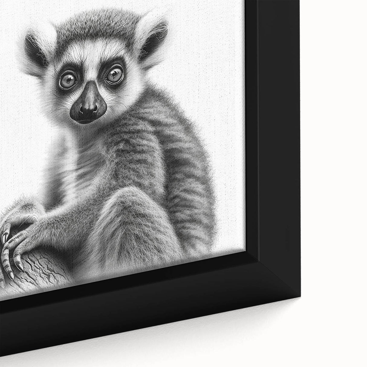 Close-up of a framed wall art piece featuring a vibrant and detailed design of a lemur, showcasing its expressive eyes and fur patterns, ideal for wildlife decor.