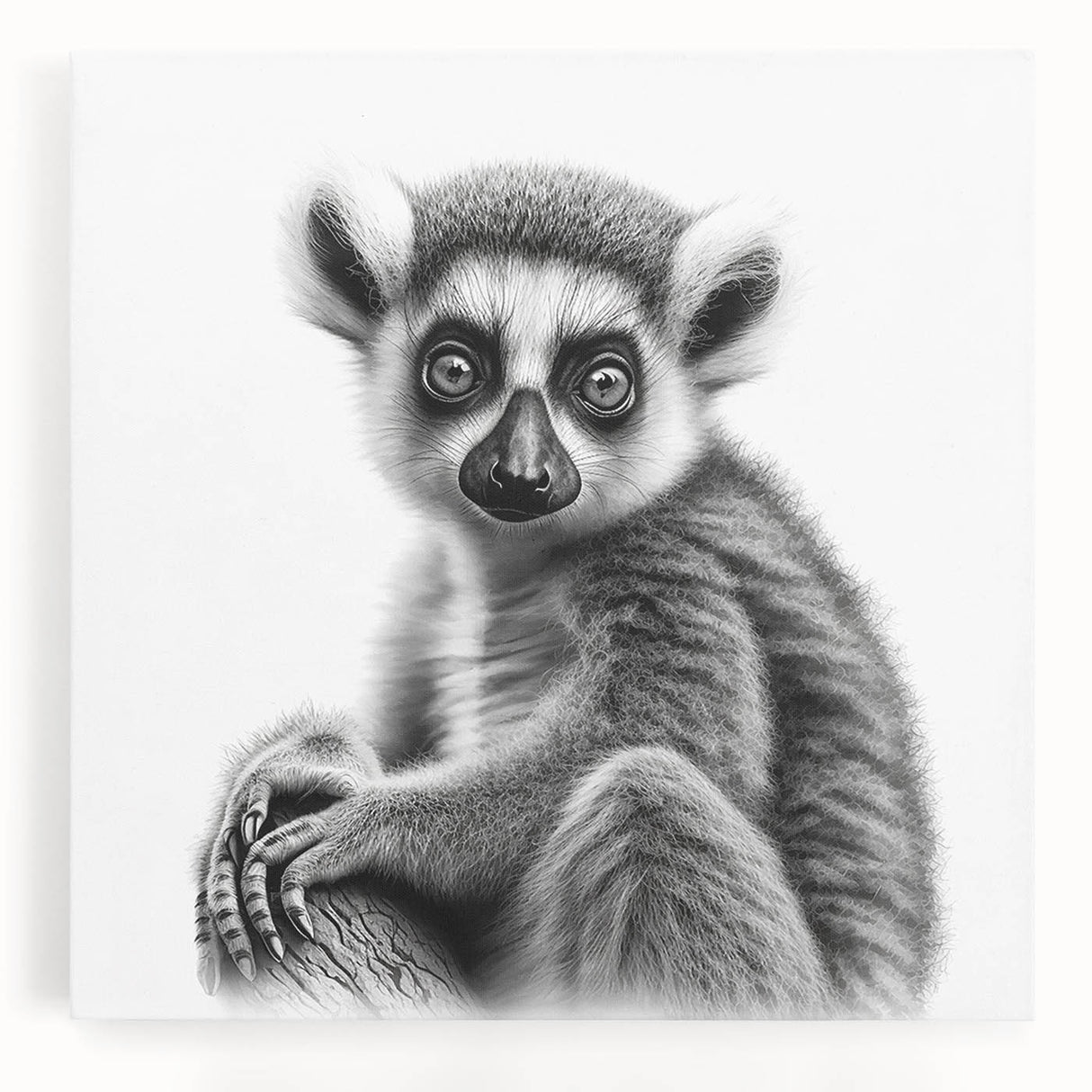 Stretched canvas wall art featuring a vibrant lemur design, showcasing intricate details and lively colors, perfect for animal lovers and home decor enthusiasts.