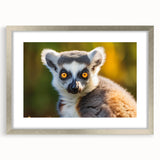 Framed wall art depicting a vibrant lemur design, showcasing intricate details and colorful patterns, set in a sleek silver frame with a mat, perfect for wildlife enthusiasts.