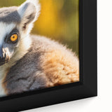 Close-up of a vibrant framed canvas featuring a whimsical lemur design, showcasing intricate details and bold colors, ideal for animal lovers and home decor enthusiasts.