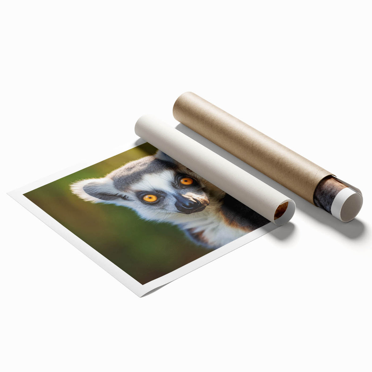 Lemur wall art print showcasing vibrant colors and intricate details, rolled and ready for framing, perfect for animal lovers and home decor enthusiasts.