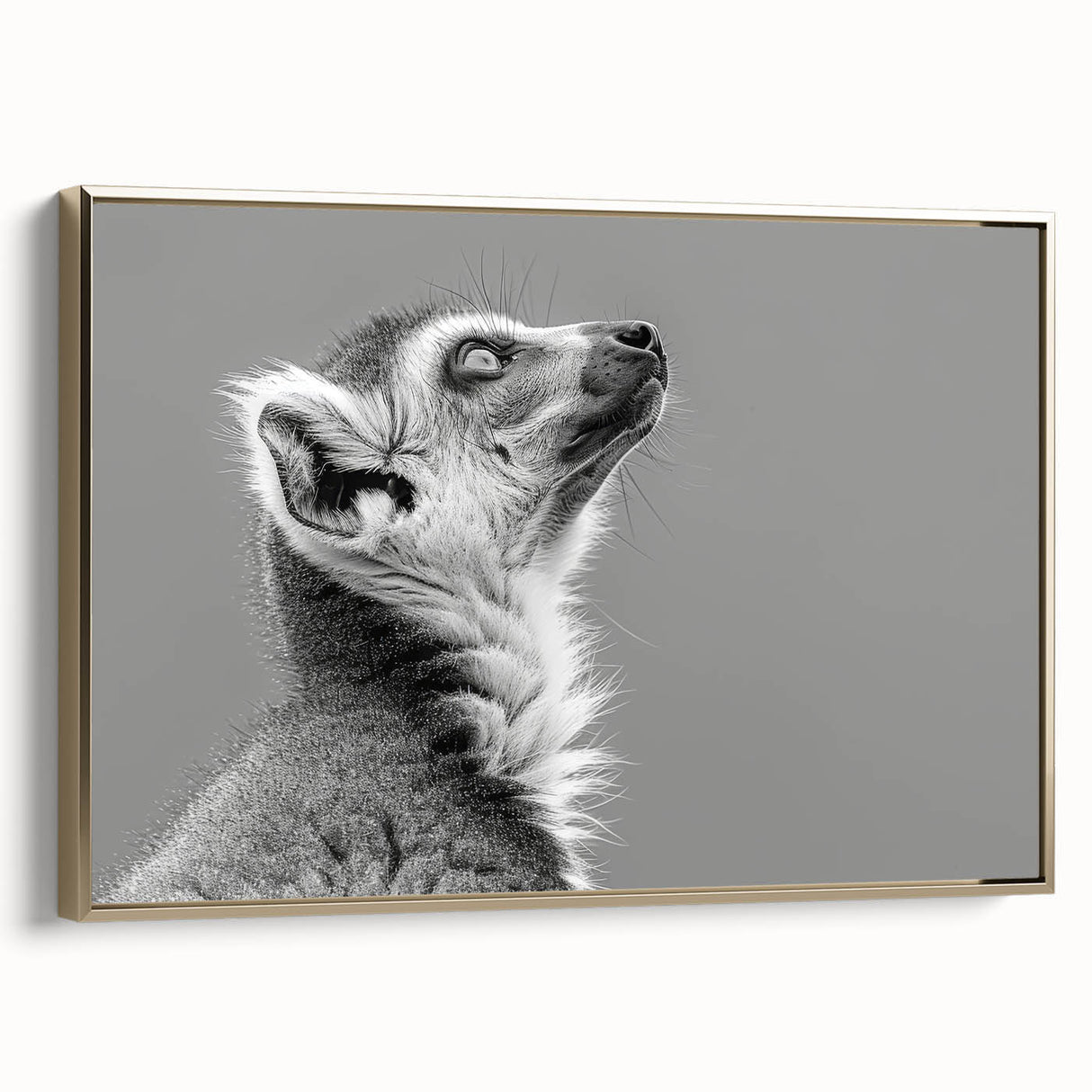 Framed canvas wall art featuring a vibrant lemur design in gold tones, showcasing intricate details and a modern aesthetic, perfect for animal lovers and home decor enthusiasts.