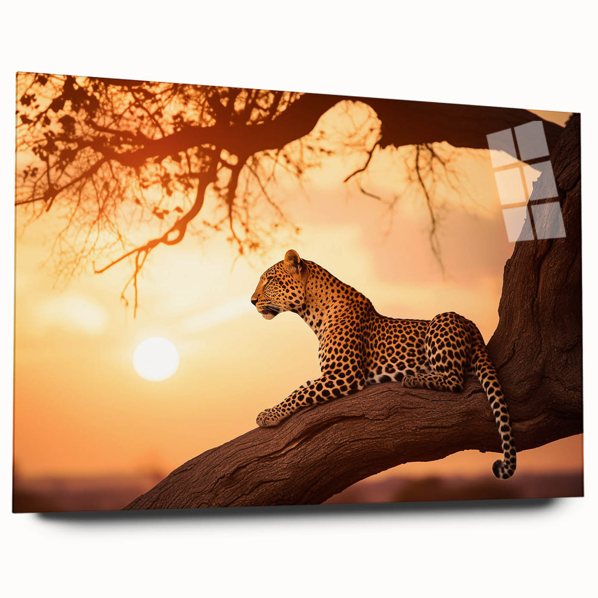 Elegant acrylic wall art showcasing a stunning side view of a leopard design, capturing the majestic animal's intricate patterns and vibrant colors, perfect for wildlife enthusiasts.