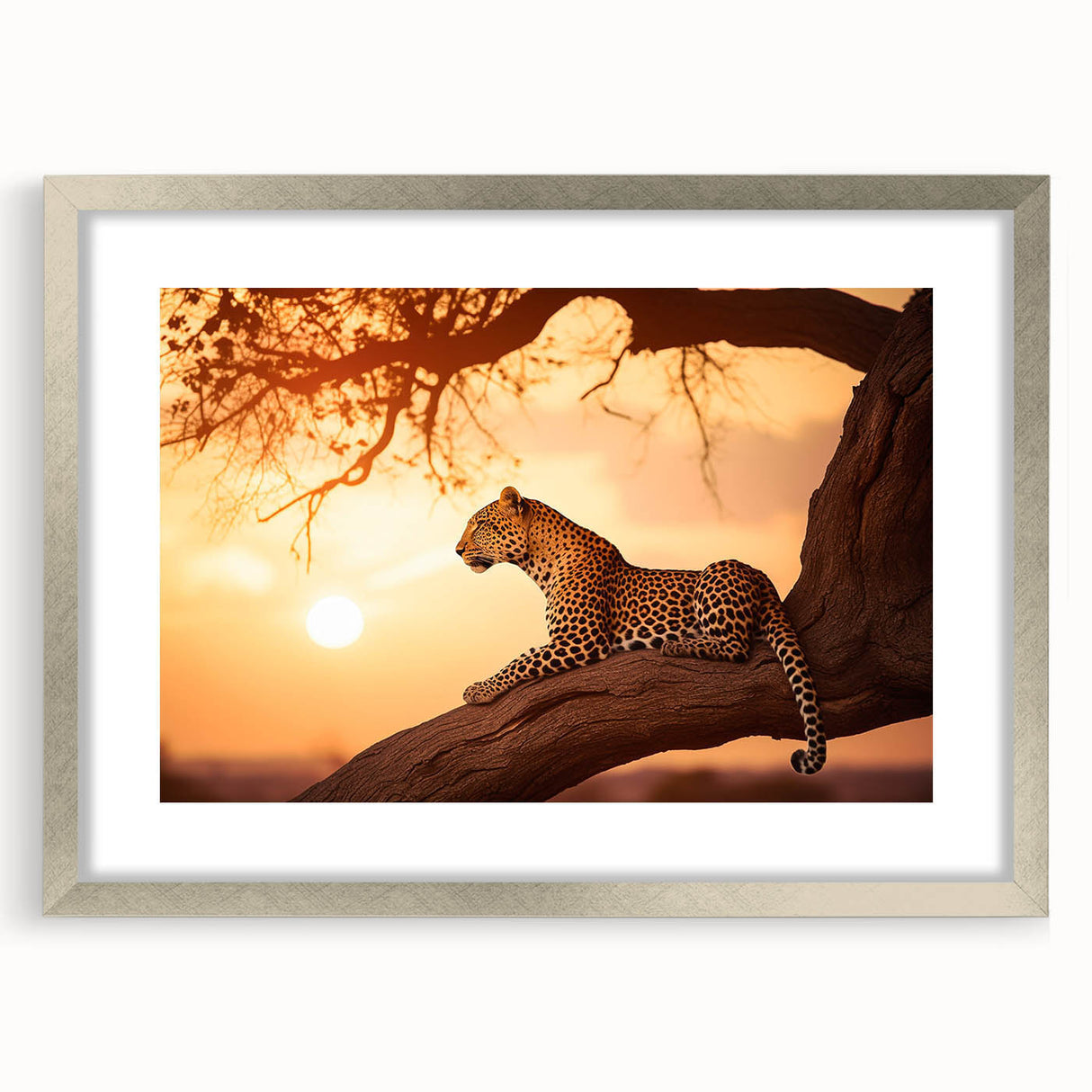 Elegant leopard wall art framed with a silver mat, showcasing intricate details of the animal's fur and striking gaze, perfect for wildlife enthusiasts and home decor.