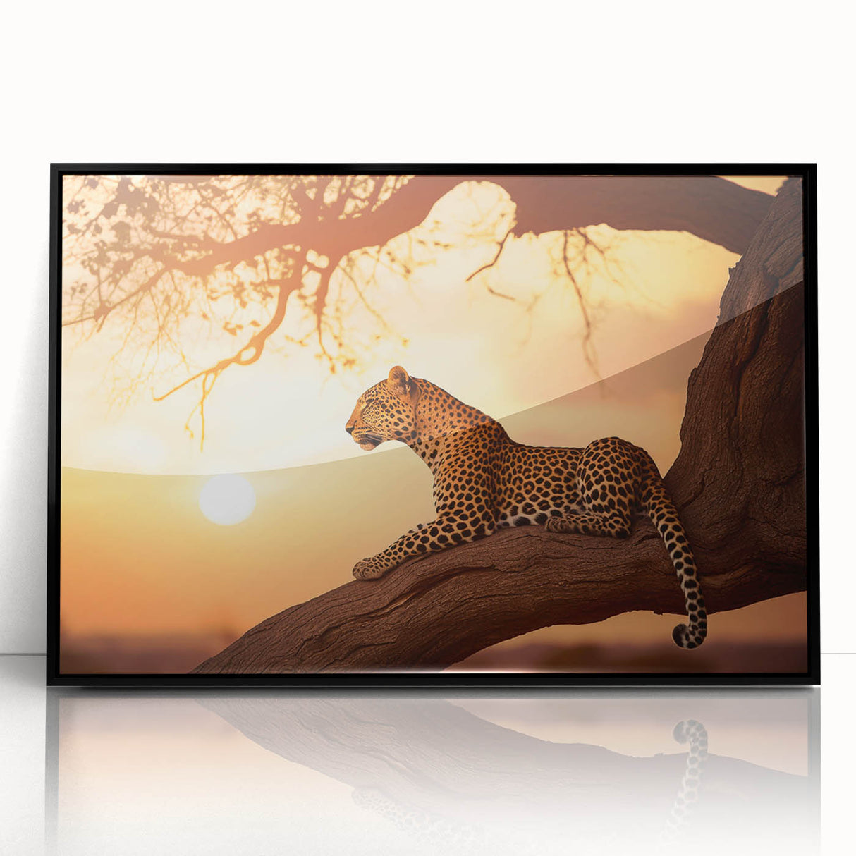 Framed wall art featuring a striking leopard design, showcasing vibrant colors and intricate details, perfect for animal lovers and modern home decor enthusiasts.