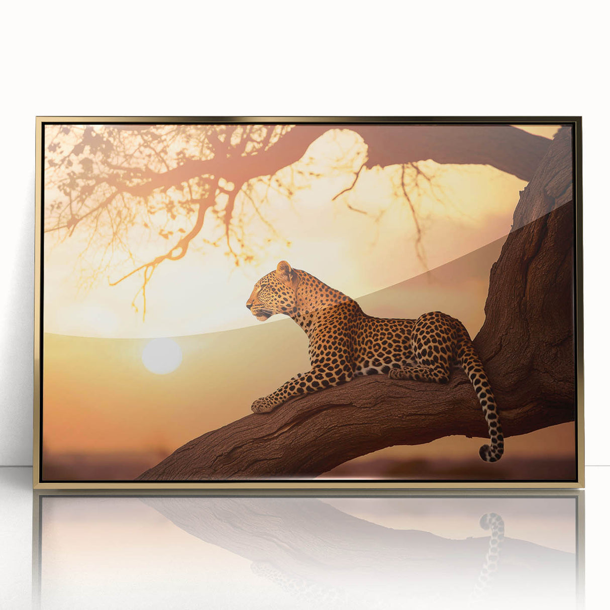 Stunning framed wall art featuring a striking leopard design in gold accents on a black background, ideal for animal lovers and modern decor enthusiasts.