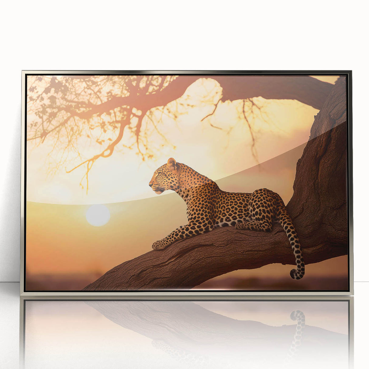 Framed wall art featuring a stunning leopard design, showcasing intricate patterns in vibrant colors with a sleek silver frame, ideal for wildlife enthusiasts.