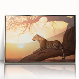 Framed wall art featuring a stunning leopard design, showcasing intricate patterns in vibrant colors with a sleek silver frame, ideal for wildlife enthusiasts.