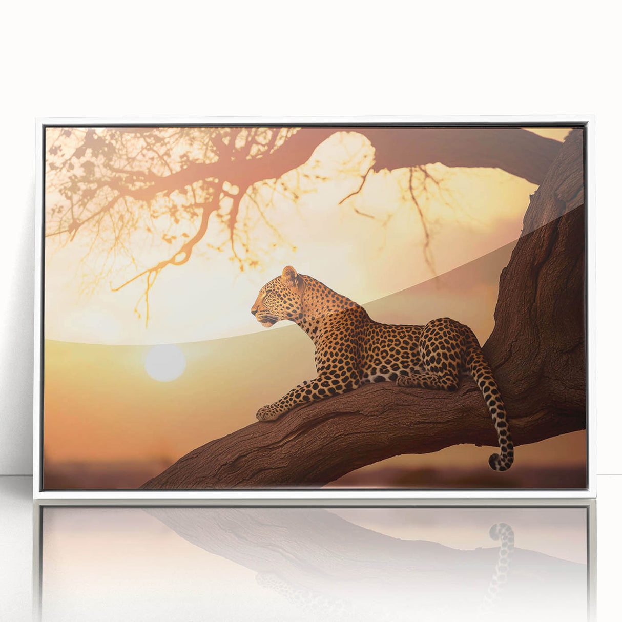 Framed wall art featuring a striking leopard design in vibrant colors, showcasing intricate details against a white background, perfect for animal lovers' home decor.