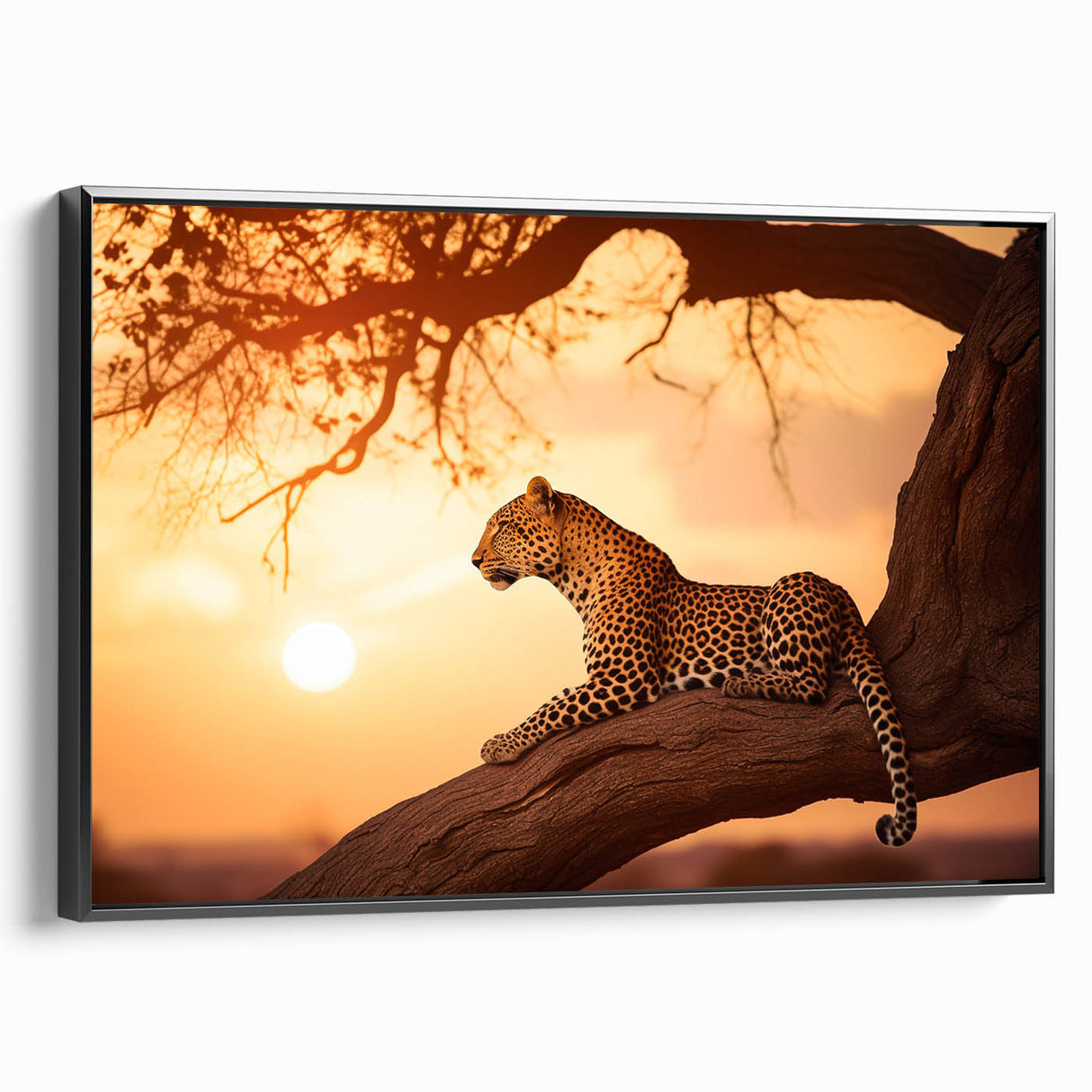 Framed canvas wall art featuring a stunning leopard design in black and white, showcasing intricate details and textures, perfect for animal lovers and modern decor.