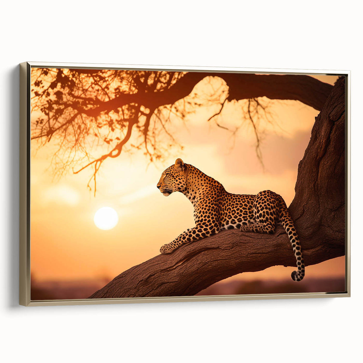 Framed wall art showcasing a striking leopard design on a textured canvas, featuring gold accents and a sleek side view, perfect for wildlife enthusiasts.