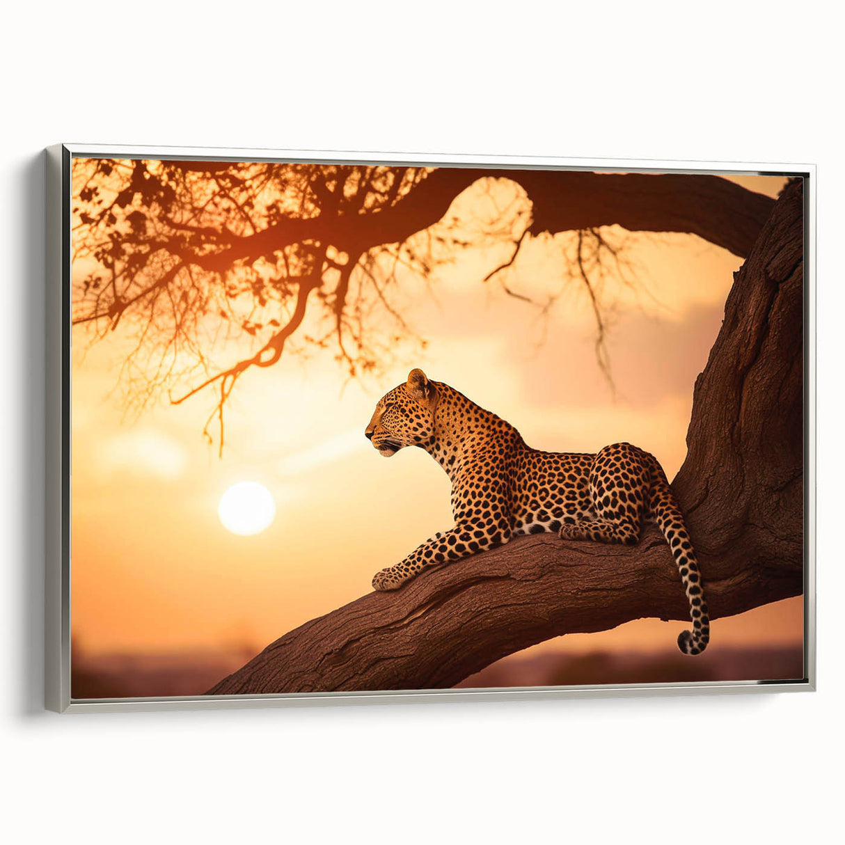 Framed wall art showcasing a stunning leopard design in silver tones, perfect for wildlife enthusiasts. This elegant canvas piece enhances home décor with its vibrant colors and intricate details, ideal for adding a touch of nature to any room.