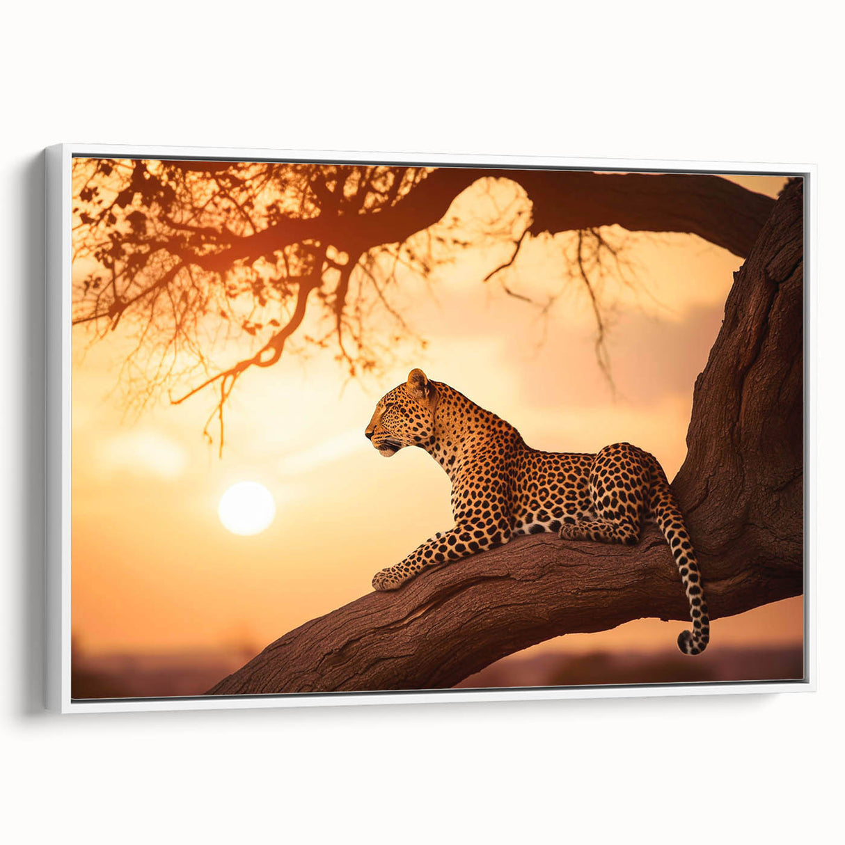 Framed canvas wall art featuring a striking leopard design in a white frame, showcasing intricate details and vibrant colors, perfect for animal lovers and modern decor.