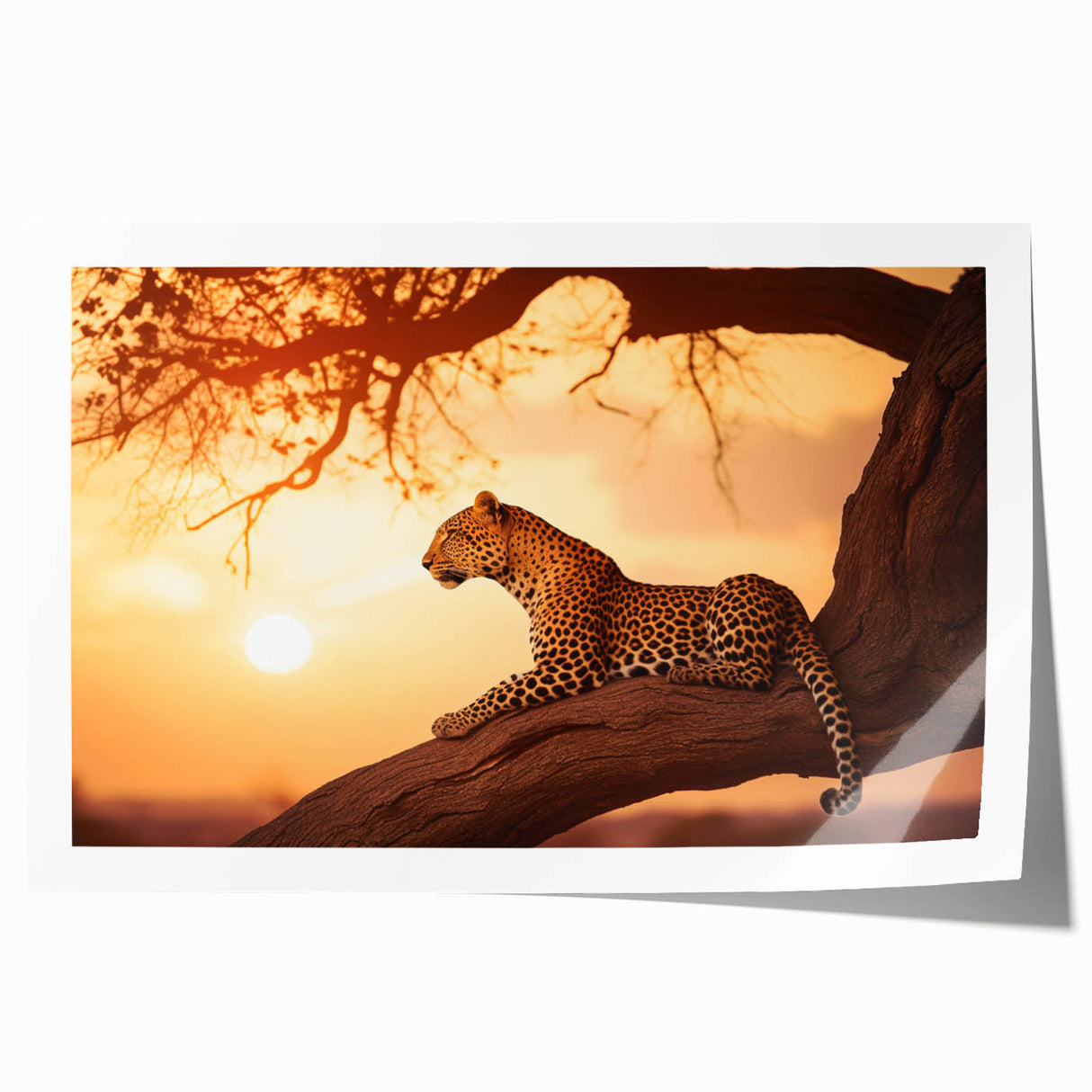 Leopard wall art print showcasing a vibrant and detailed design of a wild leopard in its natural habitat, rolled and ready for framing, perfect for animal lovers.