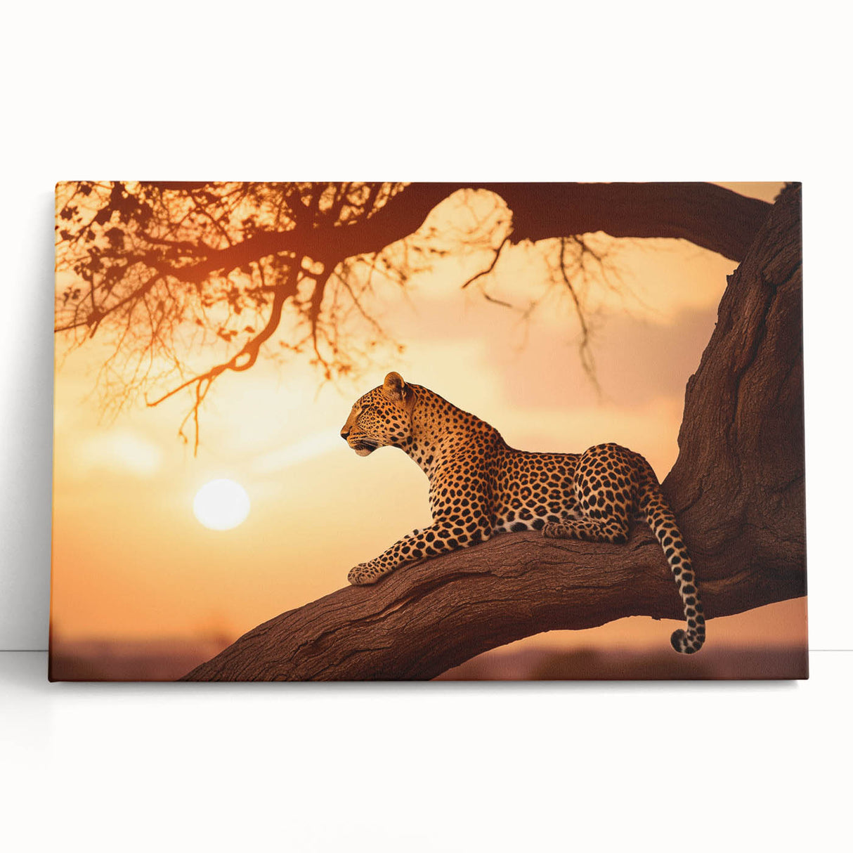 Leopard wall art design on stretched canvas, showcasing vibrant colors and intricate details, perfect for enhancing home decor with a touch of wildlife elegance.