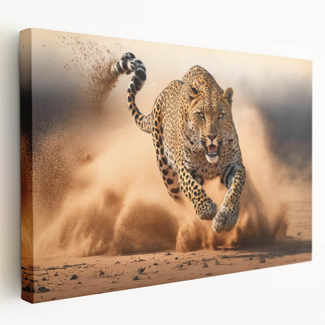 Stretched canvas wall art depicting a striking leopard in a vibrant, colorful design, perfect for wildlife lovers and home decor enthusiasts. Ideal for adding a bold statement to any room.