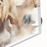 Close-up of a vibrant acrylic wall art piece showcasing a majestic lion, featuring intricate details and bold colors, perfect for wildlife enthusiasts and home decor.
