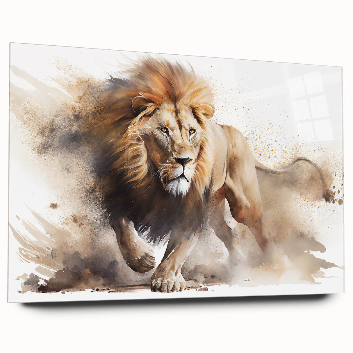 Side view of a stunning lion wall art piece designed for wildlife enthusiasts, featuring vibrant colors and intricate details, perfect for home decor.