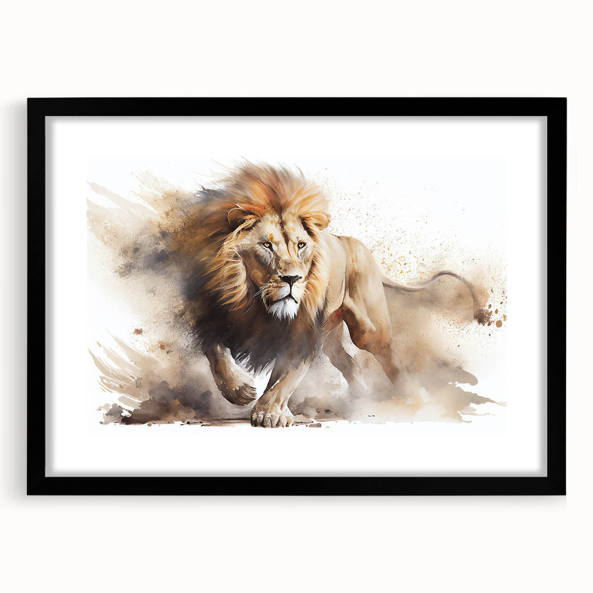 Sleek black-framed wall art featuring a stunning lion design, perfect for animal lovers and home decor enthusiasts. Ideal for adding a touch of wildlife elegance to any room.