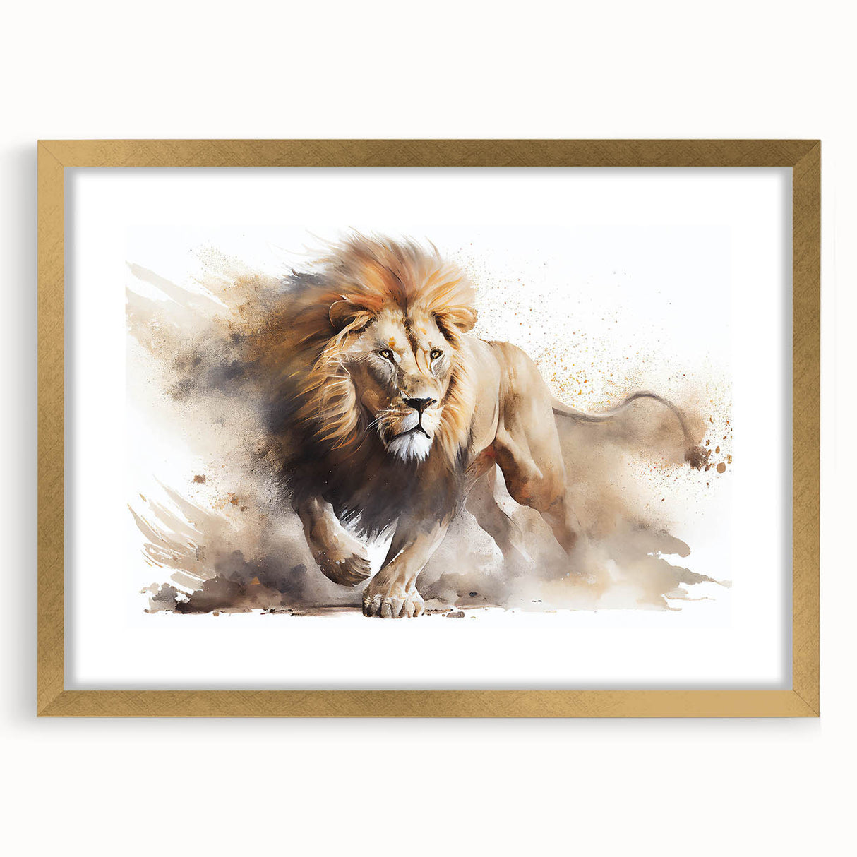Majestic lion wall art design framed in gold, showcasing intricate details and vibrant colors, perfect for adding elegance to any room decor.