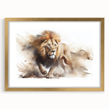 Majestic lion wall art design framed in gold, showcasing intricate details and vibrant colors, perfect for adding elegance to any room decor.