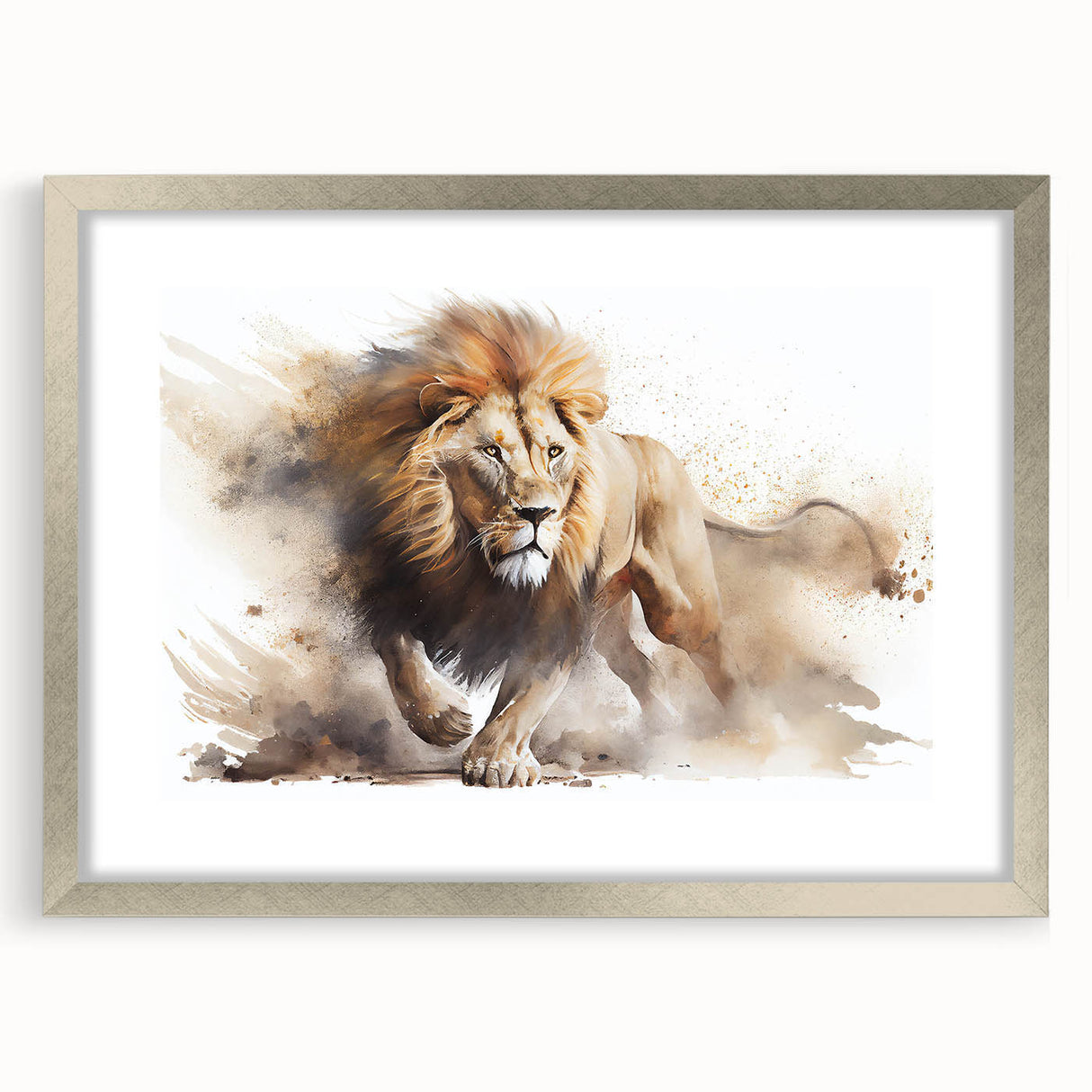 Framed wall art featuring a striking lion design in silver, showcasing intricate details and vibrant colors, perfect for adding a bold touch to any room decor.