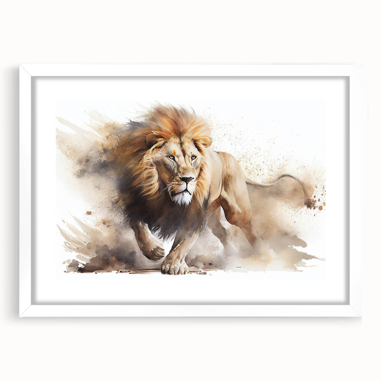 Framed wall art collection featuring a striking lion design, set in a white frame with a mat, perfect for adding a touch of wildlife elegance to any decor.