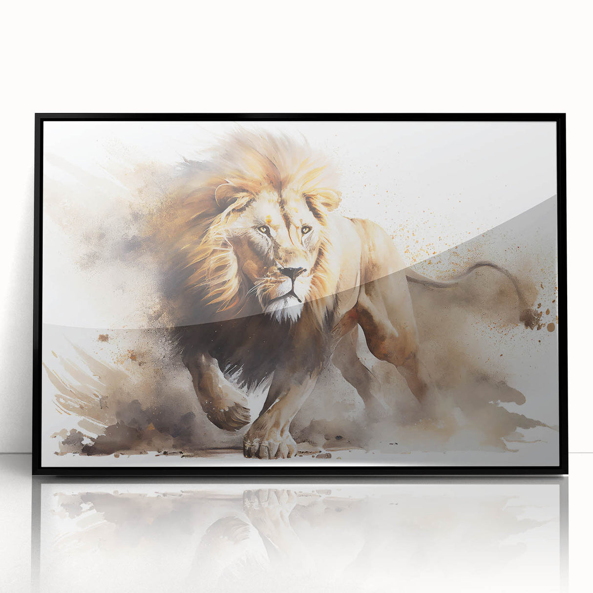 Framed acrylic wall art showcasing a striking lion design in bold colors, set against a sleek black background, perfect for wildlife enthusiasts and modern decor.