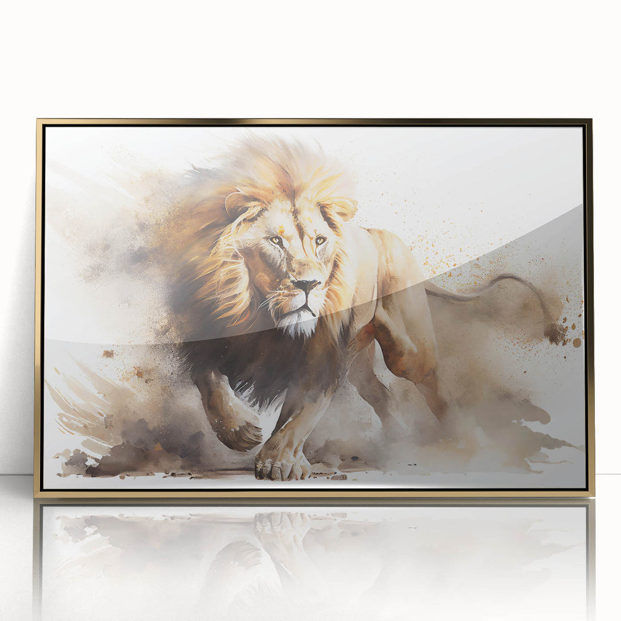 Framed wall art showcasing a majestic lion design in vibrant colors with a gold-acrylic finish, perfect for animal lovers and home decor enthusiasts.