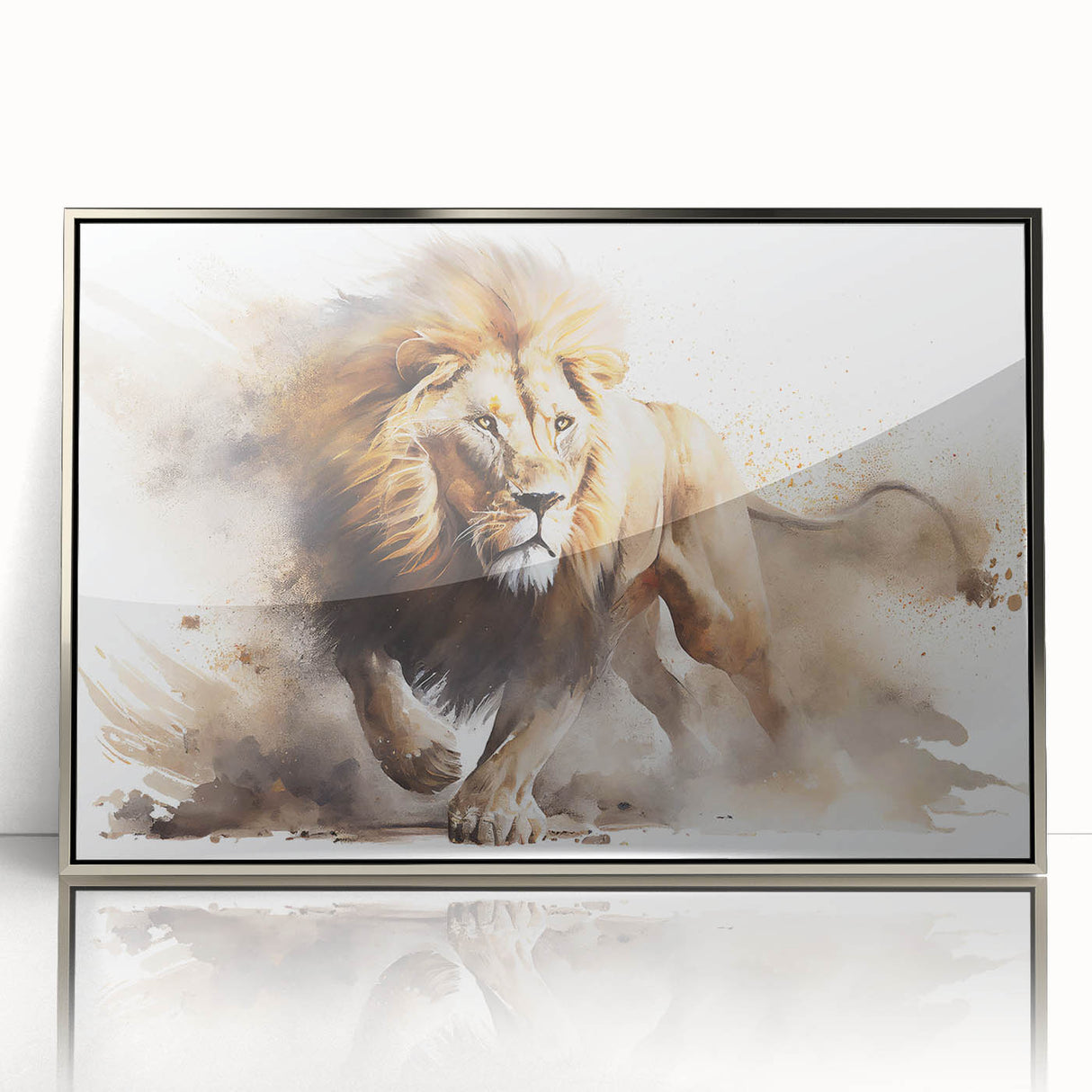 Framed acrylic wall art featuring a majestic lion design in silver tones, showcasing intricate details and vibrant colors, perfect for wildlife enthusiasts and home decor.
