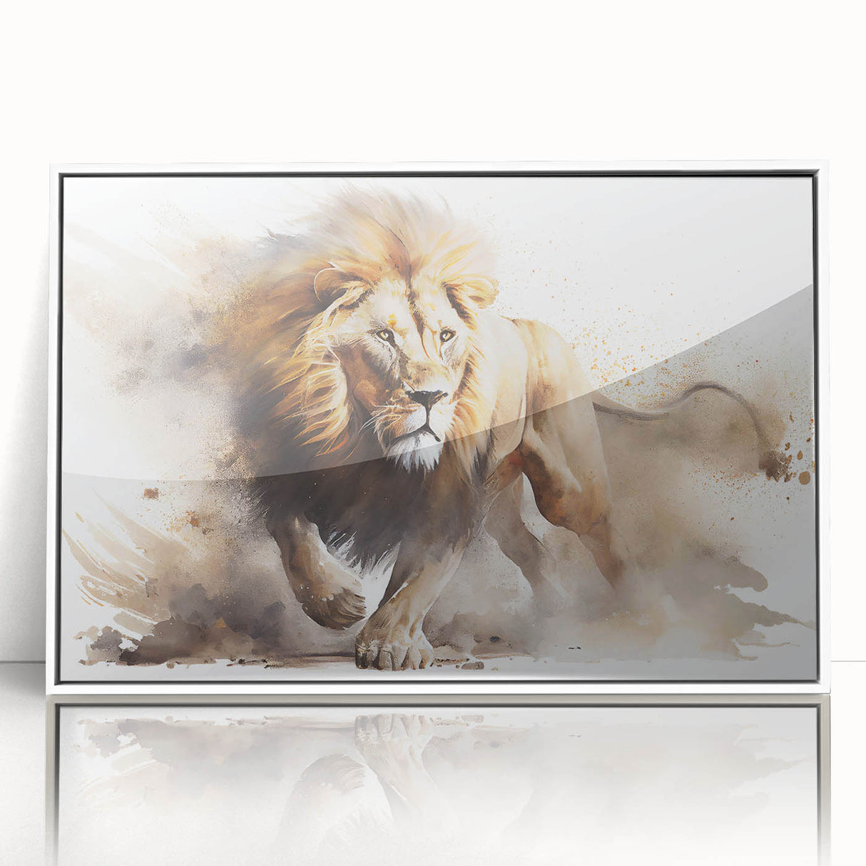 Framed acrylic wall art showcasing a striking lion design, featuring a white border and sleek front view. Perfect for wildlife enthusiasts and modern decor.