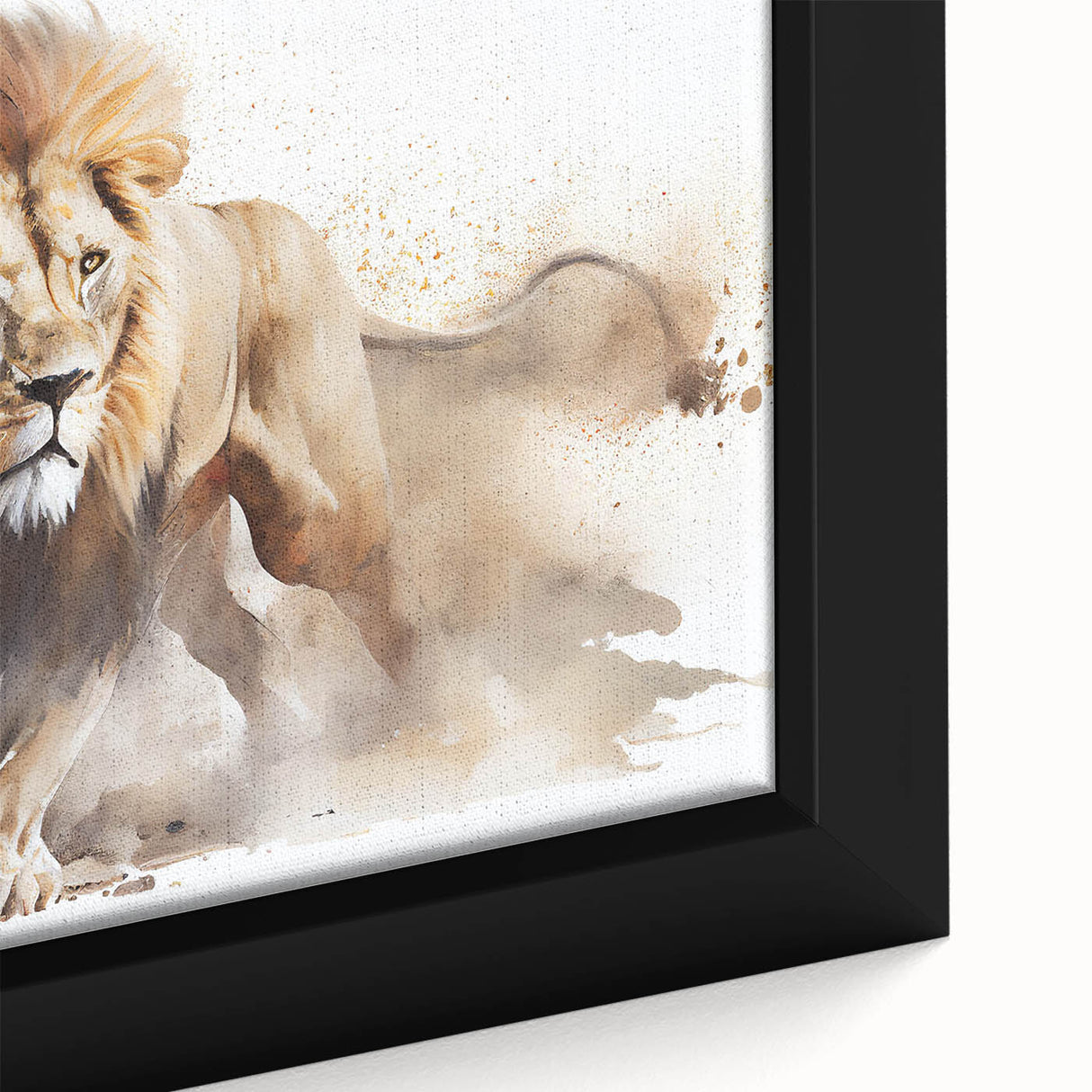 Close-up of a stunning framed canvas featuring a majestic lion design, showcasing intricate details and vibrant colors, perfect for wildlife art enthusiasts.
